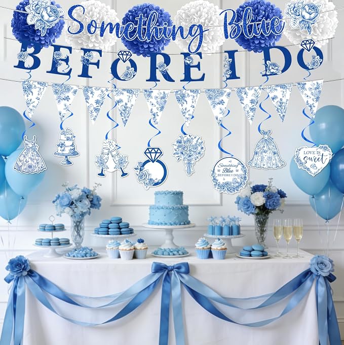 Rakuto Something Blue Before I Marry Bridal Shower Decorations, Something Blue Before I Say I Do Banners Hanging Swirls and Paper Pom Poms, Bachelorette Party Decorations