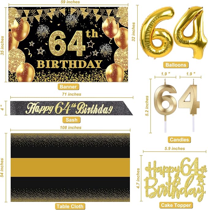64th Birthday Decorations Men Women with 64th Birthday Banner, Black and Gold Table Cloth, Number Balloons, Large Sash, Cake Topper and Candles
