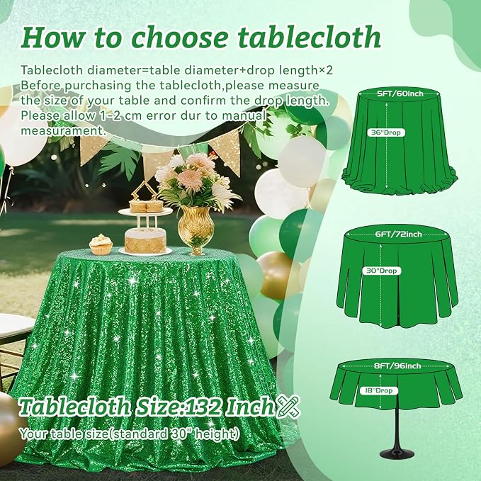 B-COOL Round Tablecloth Sequin Draping Decorations: 132 Inch Tablecloths Sequin Overlay Green Shimmer Fabric for Birthday Dinner Parties Christmas Decor