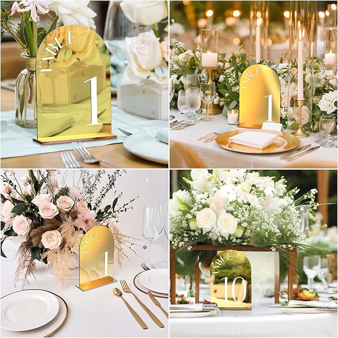 Mirror Arched Wedding Table Numbers 1-15 with Stands, 5"x7" Double-sided Letter, Acrylic Wedding Signs Centerpiece Decoration for Wedding Reception Party (Gold, Table Numbers 1-15)