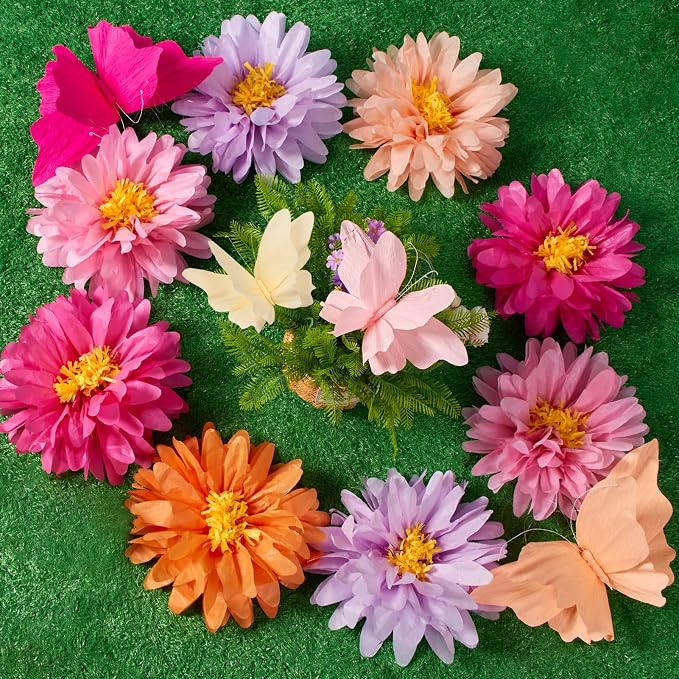 SUNBEAUTY 12 PCS Giant Paper Flowers Large Butterfly Party Decorations Pink Orange Large Tissue Paper Flower for Wall Hanging Butterflies for Birthday Spring Garden Wedding Backdrop Bridal Shower