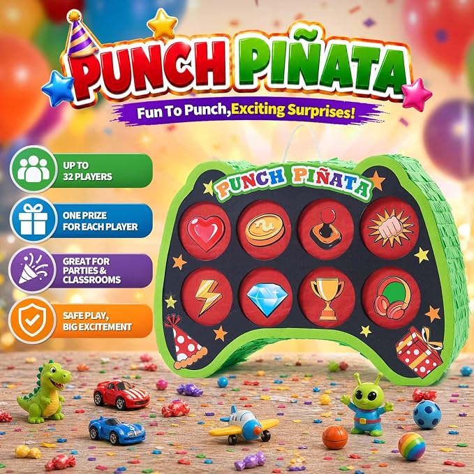 WERNNSAI Game Punch Piñata - Punch Box Piñata with 4 Replacement Punch Papers & 4 Sets of DIY Stickers, Hanging Unboxing Game Supplies for Video Game Party, Gamer Birthday, School Carnival Decor