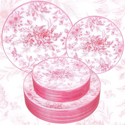 60PCS Pink Plastic Plates - Elegant Pink Floral Plate - Heavy Duty Flower Plate Disposable Include 30 Dinner & 30 Dessert Plates for Bridal Shower Wedding Spring Party