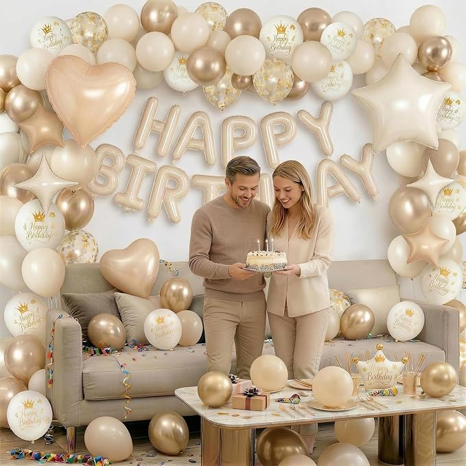 Boho Cream Beige Birthday Decorations for Women Neutral Nude Sand White Champagne Gold Print Balloons Gold Confetti Balloon Happy Birthday Banner Heart Balloons Star Balloon for Bday Party Supplies