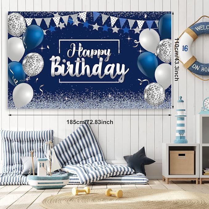 Moukeren Navy Blue Birthday Party Decorations Confetti Balloons Kit Happy Birthday Photography Backdrop Banner Tablecloths for Boys Girls Men Women Party Supplies Decor(Navy Blue and Silver)