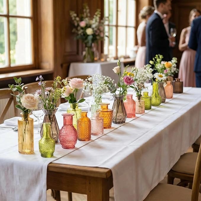 32 PCS Assorted Vintage Bud Vases, Colorful Glass Small Vases Bulk, for Centerpieces, Wedding Table Decor, Home Decorations & Gifts (Amber Series)