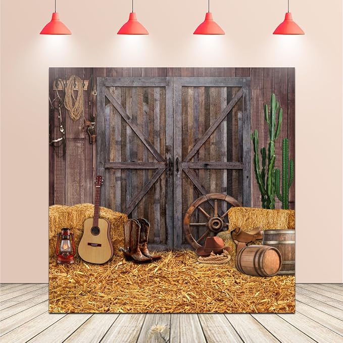 Western Backdrop 8x8ft for Western Party Decor&Photography | Thicker Vinyk Clear Image Vintage Farm Wooden Door Barn Wild West Rodeo Banner for Large Western Theme Birthday Party Decor