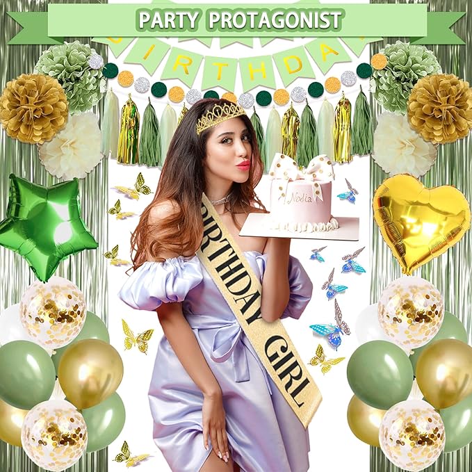 Guudmua 222 Pcs Sage Green Happy Birthday Decorations, Birthday Decorations for Women or Girl Kit- Disposable Dinnerware Set with 25 Guest, Balloons, Sash, Tiara, Banner, Paper Pom Poms