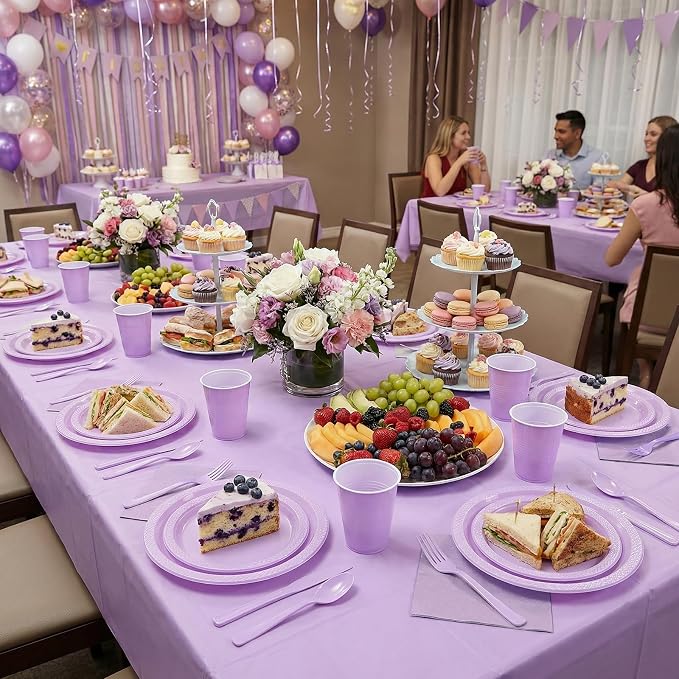352 Pcs Lilac Plastic Plates Party Set, 50 Guests Disposable Dinnerware Set with Light Purple Tablecloths, Soft Lilac Plastic Plates Party Set for Baby Shower/Bridal Shower/Tea Party/Spring Event