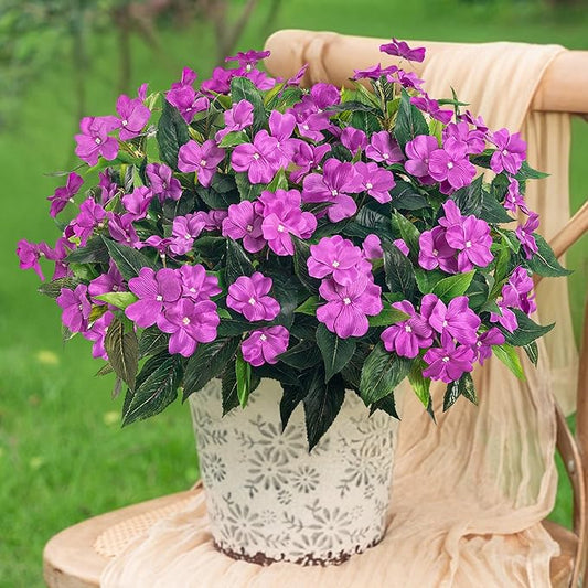 Fake Flowers Artificial Flowers for Outdoor，Artificial Impatiens Bouquet Flowers for Outdoors，Spring Flowers Artificial Impatiens Outdoor Silk Fake Flowers Indoor Decor 4PCS(Purple)