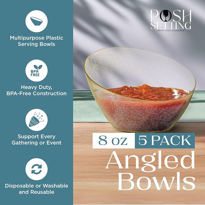 Posh Setting - Gold Plastic Serving Bowls for Party Angled Bowls Disposable Chip Bowls Candy Bowls for Party Table Salad and Fruit Bowls for Wedding Serving Bowls-Gold Glitter, 8 OZ, 5 Pack