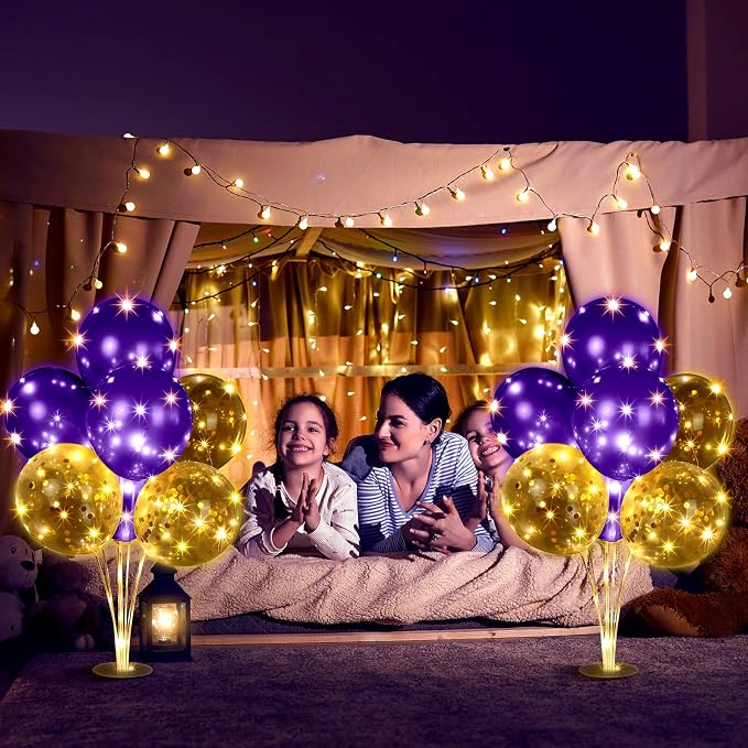 Junkin 10 Set Balloon Stand Kit for Centerpiece with LED String Light 100 Pcs Balloons Table Balloon Stand Centerpieces for Birthday Wedding Baby Shower Back to School Party Decor(Purple)