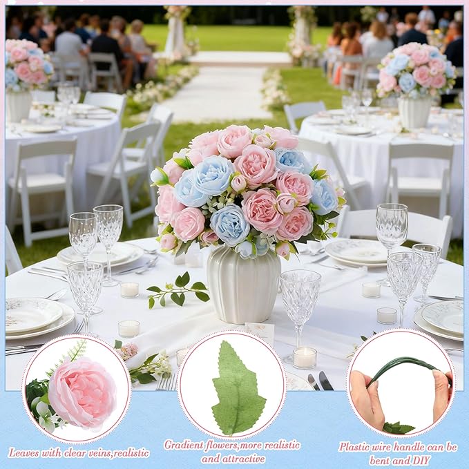 Geosar 8 Bundles Artificial Peonies Flowers Fake Silk Peony Bouquet Faux Peonies Flowers Bulk for Decoration Vase Floral Arrangements Wedding Party Table (Light Pink,Light Blue)