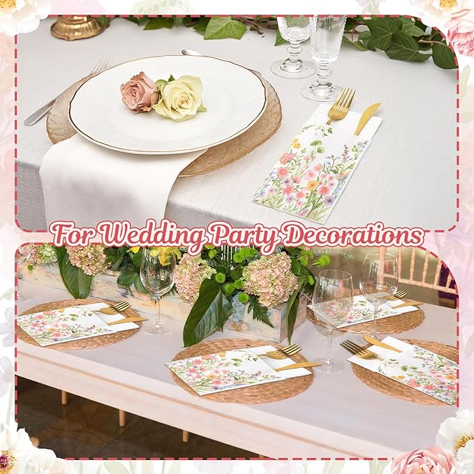 Potchen 100 Linen Feel Napkins Disposable Cloth Like Napkins Prefolded Hand Towel with Built-in Flatware Pocket Cocktail Hand Towel for Wedding Bridal Shower Supplies(100 Pcs,Wildflower)