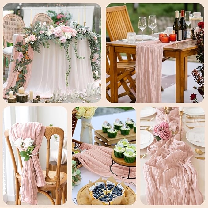 Wokceer Dusty Pink Cheesecloth Table Runner Spring 3Pack 10FT Boho Gauze Easter Table Runner for Party Rustic Sheer Runners for Baby Bridal Shower Wedding