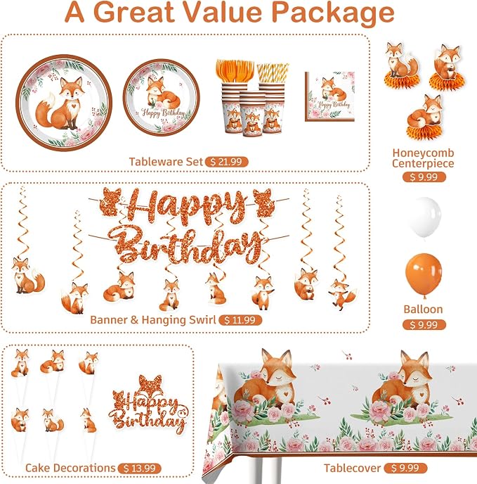 Xynic 205pcs Fox Birthday Decorations Serves 25 - Fox Party Supplies for Kids Birthday, Woodland Birthday Kit with Balloons, Banner, Tableware, Cake Topper, Forest Animal Themed Celebration