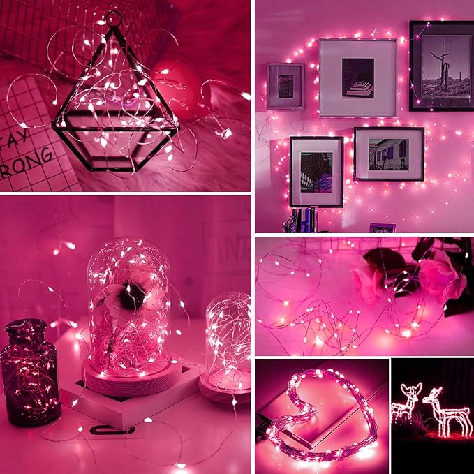 ZGWJ Fairy Lights Battery Operated, 100 Pack Twinkle String Lights 20 LED 7FT 3 Lighting Modes for Bedroom Decor, Easter, Halloween, Christmas, Party Indoor and Outdoor Decoration Pink