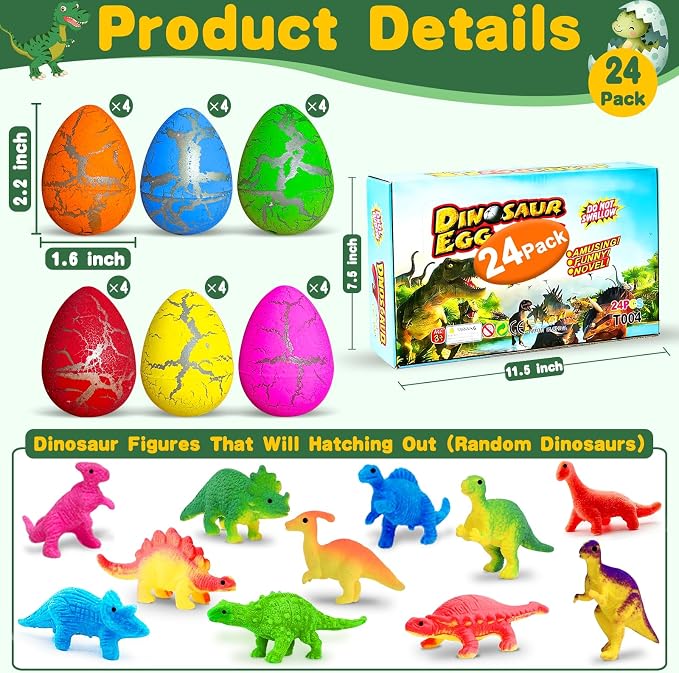 24 Pcs Large Hatching Dinosaur Eggs Dinosaur Birthday Party Favors, Kids Toddlers Goodie Treat Bag Stuffers, Carnival Classroom Prizes, Treasure Box Toys, Boy Girl Grow in Water Dinos Egg Science Kits