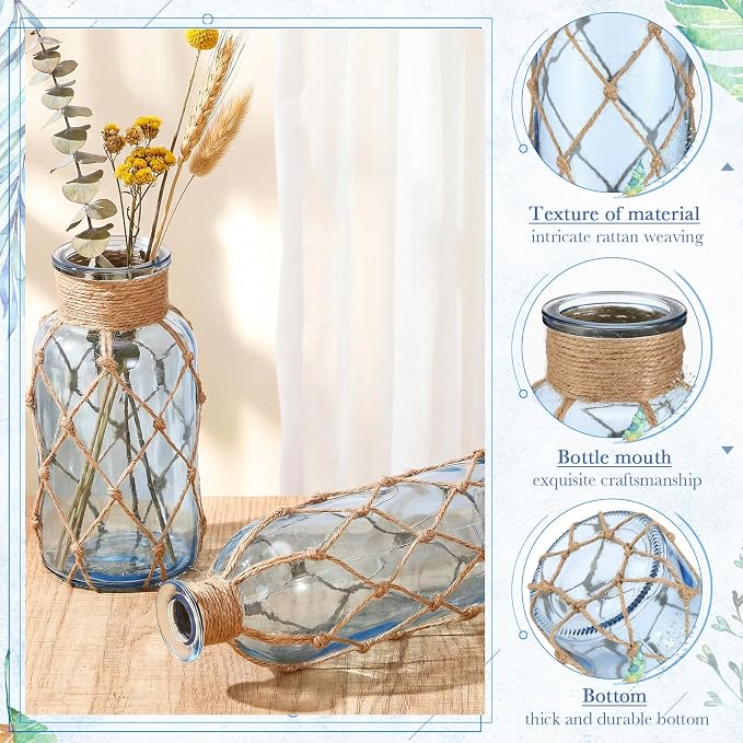 Chuangdi Set of 2 Coastal Glass Vases for Flowers TSITP Flower Vase with Boho Rope Small Sea Glass Jar Nautical Beach Bottle for Wedding Table Centerpieces Floral Arrangement Decor (Light Azure)