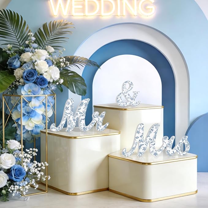 Mr & Mrs Sign for Wedding Table Blue Floral Wedding Decorations for Reception Rustic Wooden Freestanding Letters Table Centerpieces Wooden Photo Booth Props for Wedding Bridal Anniversary Supplies