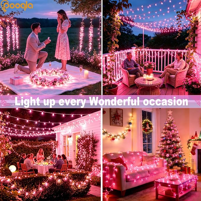 Pooqla 2 Pack String Lights Battery Operated, Total 33.3ft 100 LED Fairy Lights Indoor Outdoor Decorations, 8 Modes Pink Battery Christmas Lights for Bedroom Classroom Porch Party Yard Wedding Decor