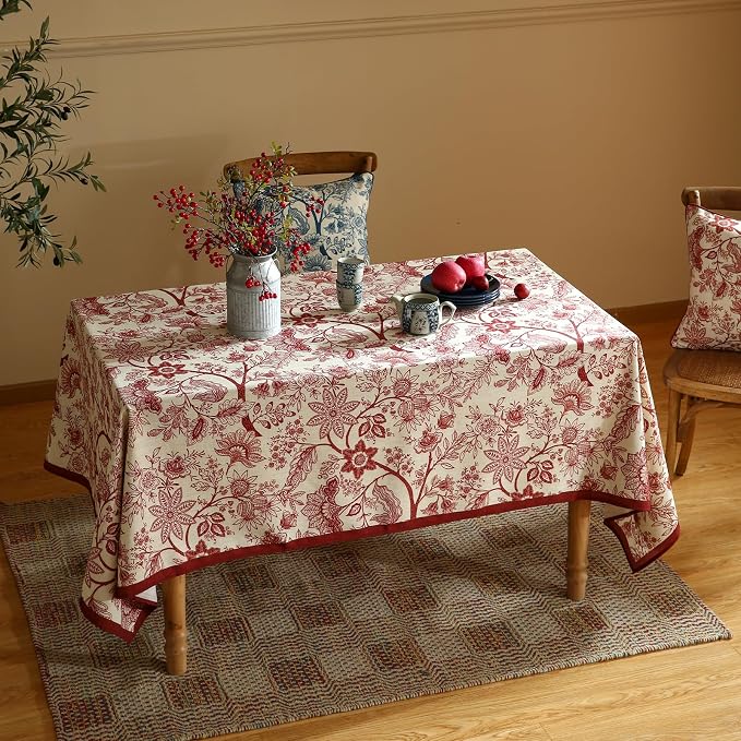 ISAENNE Designer French Linen Square Tablecloth,67"x67"-Ruyi A | Vintage Elegant Table Cloth for Square Table,Red Floral Pattern,Decoration,Heavyweight,Dining Room,Kitchen,Thanksgiving