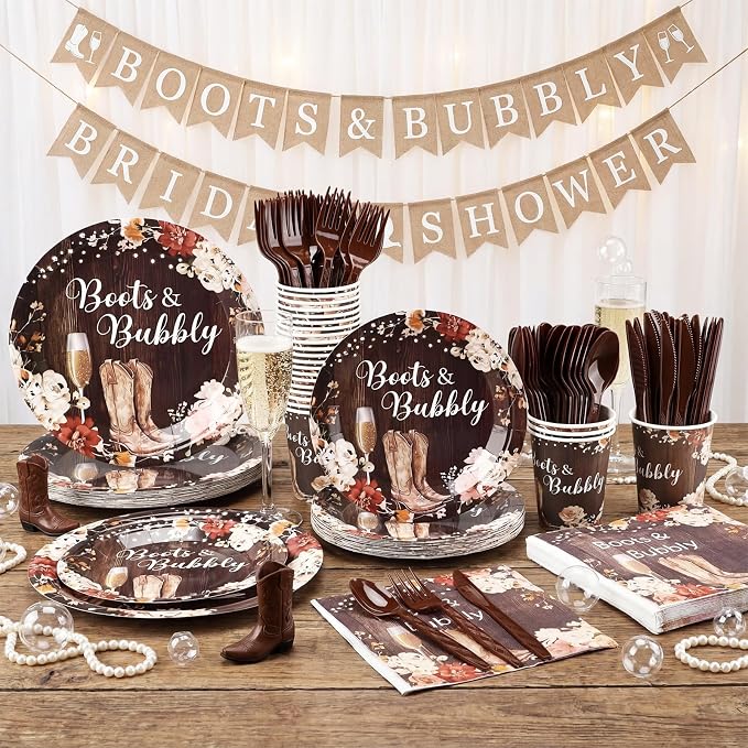 168 Pcs Boots and Bubbly Bridal Shower Decorations Rustic Brown Plates Western Country Bridal Shower Decorations Golden Champagne Party Favors Boots and Bubbly Tableware Set Serve 24