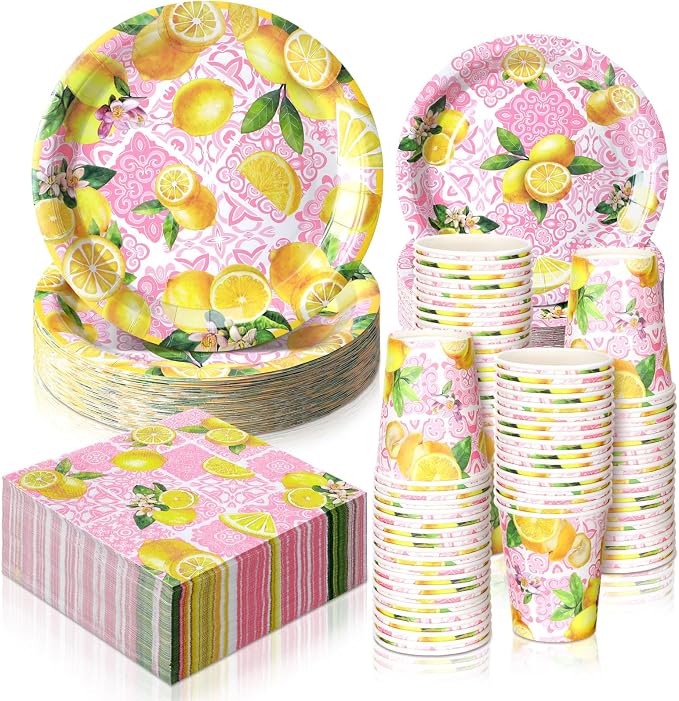 Hsei 250 Pcs Pink Lemon Birthday Party Decorations Lemon Plates and Napkins Pink Baby Shower Birthday Supplies Set Disposable Plates Napkins Cups for Bridal Baby Shower Party Supplies