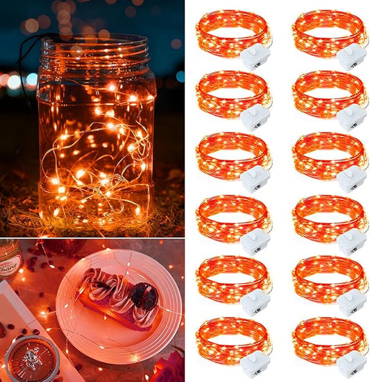 12 Pack Orange Fairy Lights Battery Operated, 7ft 20 LED Mini String Twinkle Lights for Christmas Halloween Mason Jars Centerpiece Table Decorations (12, Orange)