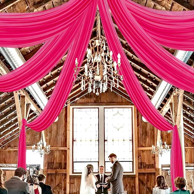DUOBAO Elegant 20ft Hot Pink Chiffon Wedding Curtains - 4 Panels Sheer Drapes for Stage, Tent, and Photo Backdrops Christmas and Photography