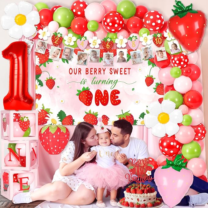 Kriyokiaa Berry First Birthday Decor Strawberry 1st Shortcake Birthday Decorations for Girls with Balloon Arch, Highchair Banner Strawberry Theme Backdrop, Photo Banner, Cake Topper