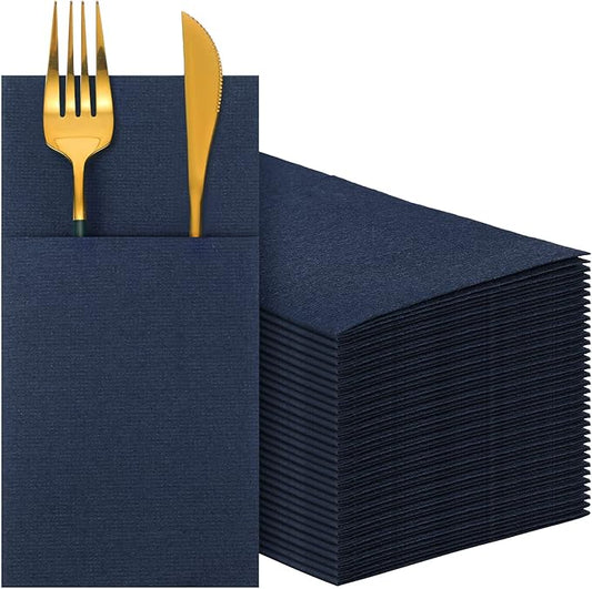 Cindeer 150 Pcs Navy Blue Napkins Disposable Linen Feel Dinner Paper Napkins with Built in Flatware Pocket Prefolded Airlaid Paper Guest Hand Towel for Silverware Wedding Reception Baby Shower