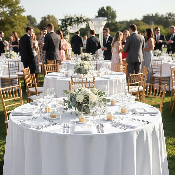 6-Pack White Round Tablecloths, 90 Inches, Stain-Resistant Polyester for 4-5 Ft Round Tables - Washable Table Covers for Weddings, Banquets, Birthday, Parties, Events