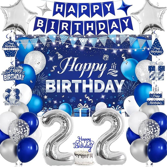 22nd Birthday Decorations for Men & Women, Navy Blue and Silver Happy 22nd Birthday Party Decorations with Number Balloons, Hanging Swirls, Cake Topper for 22 Years Old Party Supplies