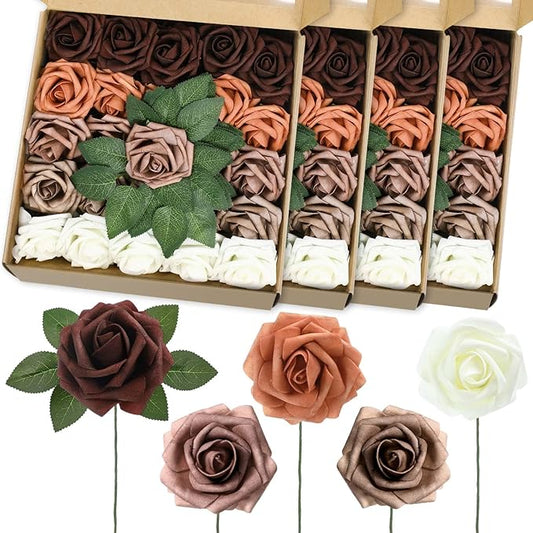 100 Pcs Artificial Foam Rose Flower Faux Bouquet Wedding Fake Rose Gift for Mother's Day Women DIY Bridal Shower Party Table Birthday Home Spring Decor (Shades of Earth Tones)