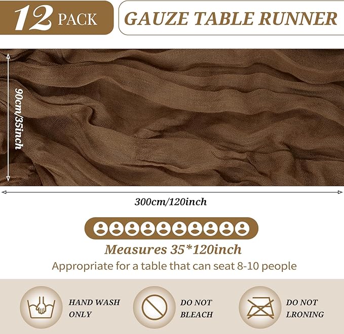 12 Pack Cheesecloth Table Runner 35 x 120 inch Long Boho Cheese Cloth Gauze Table Runners Semi Sheer Table Runner for Wedding Decor, Bridal Shower, Birthday Party (Brown)