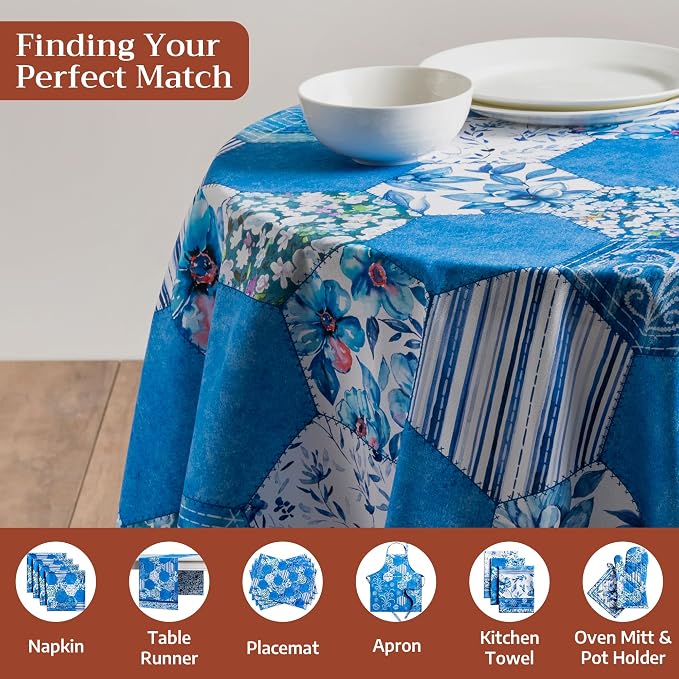 Maison d' Hermine Table Cloth Round Table 100% Cotton 63 Round Inches Tablecloth Reusable Decorative for Dining Kitchen Room Farmhouse Party Home Hotel Restaurant Spring Summer - Summer Blues