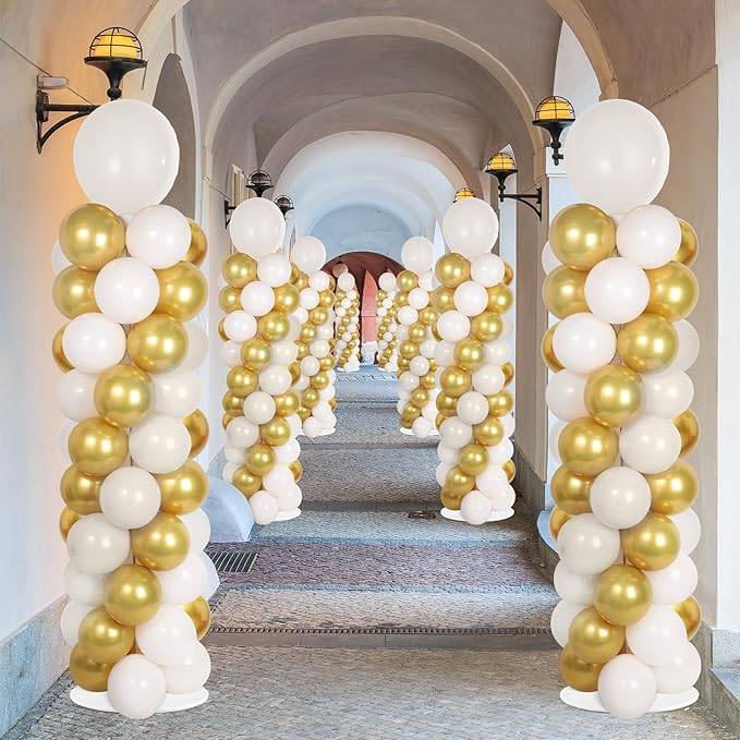 2 Sets Retro Sand White Gold Balloon Column Stand Kit with 100 Balloons Adjustable Balloon Tower Stand with Bases for Floor Balloons Column Kit for Graduation Birthday Appreciation Party Decor