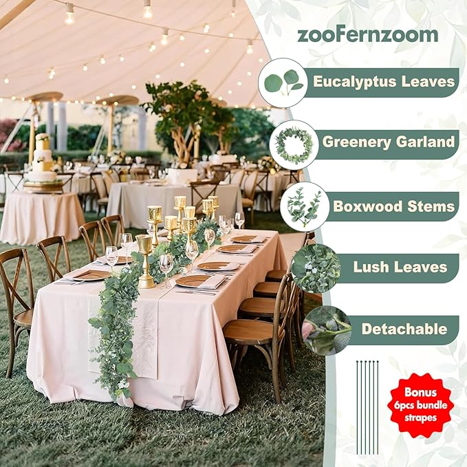 Eucalyptus Garland for Table, 6ft Faux Eucalyptus Garland with White Flowers & Seeds, 2pcs Artificial Eucalyptus Greenery Vines for Wedding Party Table Runner Backdrop Arch Mantle Handmade Wreaths