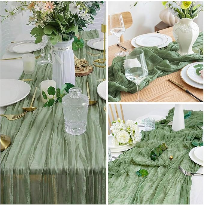 8 Pack Sage Green Cheesecloth Table Runner 21x120 Inch Gauze Table Runners Reusable Polyester 10ft Boho Rustic Cheese Cloth Table Runner for Wedding Party Baby Shower