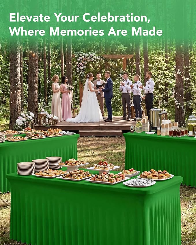 4 Pack Spandex Table Cover Skirts for 8ft Rectangle Tables, Green Stretch Table Cloths with Floor-Length Ruffle, Elastic Fitted Skirted Tablecloth for Elegant Wedding Banquet Party Buffet Decoration