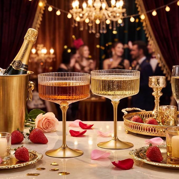 LIYH 20pcs Plastic Martini Glasses Disposable 10 Oz Clear and Gold Plastic Cups Coupe Glasses Cocktail Champagne Tower Perfect for Any Party, Bar, Beverage