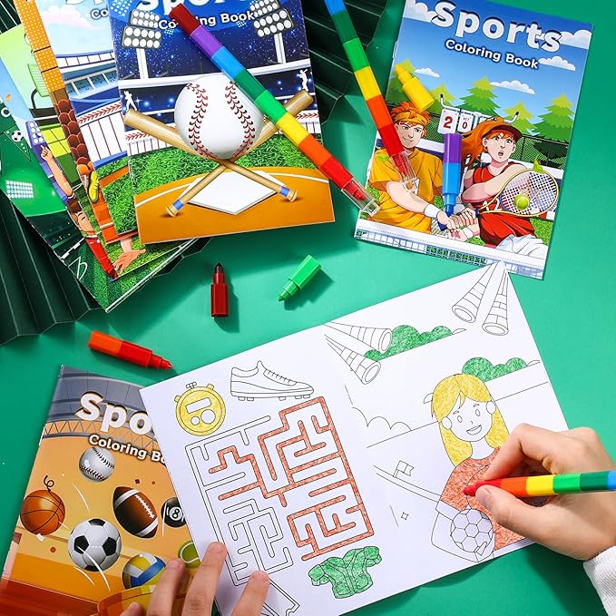 BenLouis 24 Sports Mini Coloring Books Kids with 24 Stacking Crayons Sports Party Favors Activity Books Bulk for Kids Boys Sports Birthday Goodie Bag Gift Stuffer Classroom Reward