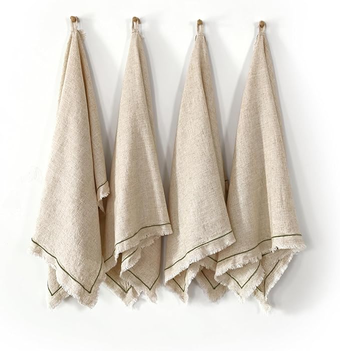 Linen World Dish Towels Set of 4, 20 x 28 Inch Linen Blend Kitchen Towel, Frayed Edge, Embroidered Border, Absorbent Large Tea Towels-Natural