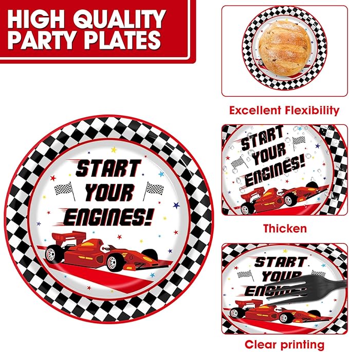 96Pcs Racing Car Birthday Party Plates and Napkins for Checked Race Car Party Decorations Start Your Engines Theme Paper Plates Tableware for Kids Serves 24 Racing Car Birthday Party Supplies Favors