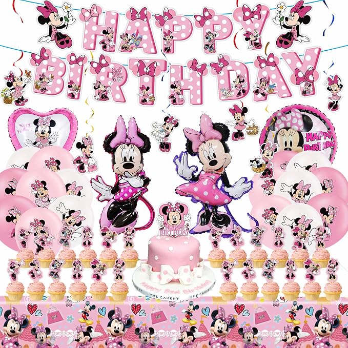Pink Birthday Party Decorations Kit, Cartoon Birthday Supplies, Includes Happy Birthday Banner, Foil Balloons, Tablecloth, Backdrop, for Adult Themed Party Supplies