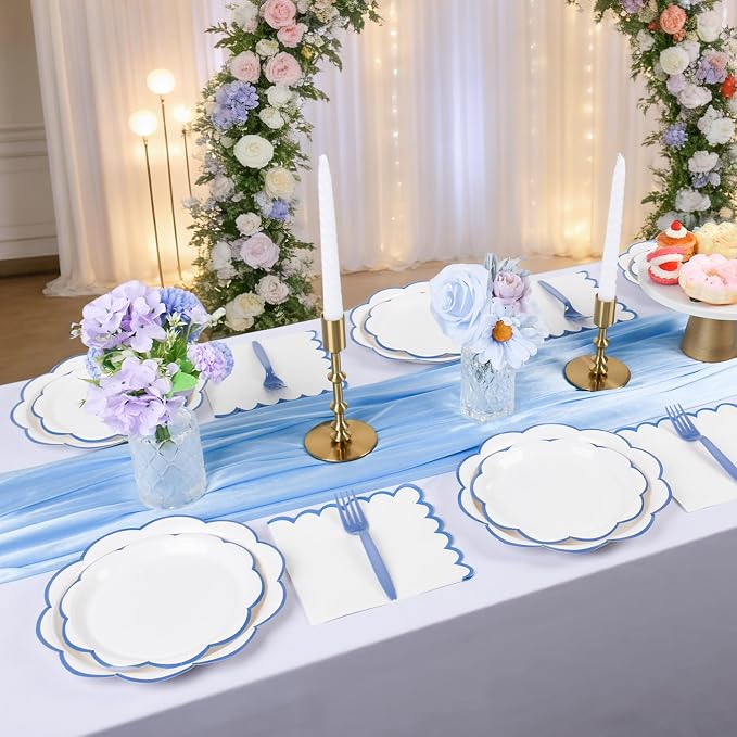 96 Pcs Blue and White Paper Plates and Napkins Set, Tableware set for 24 Guest include White Dessert Plates with Blue Scalloped Edge, Napkins and Forks for Baby Boy Shower, Bridal Shower, Wedding