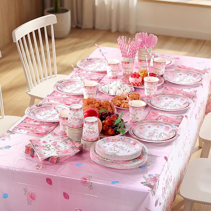 LemonRoad 452 Pcs Mother's Day Decoration for 50 Guests, Pink Gold Floral Happy Mother's Day Paper Plates Napkins Cups Tablecloth Cutlery Straws Disposable Tableware for Best Mom Ever Party Supplies