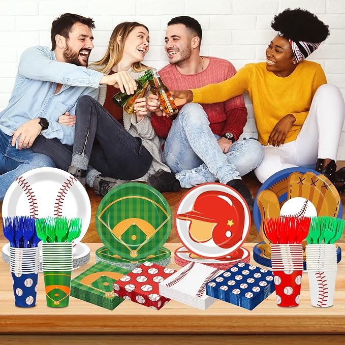 250 Pcs Baseball Birthday Party Decorations Baseballs Disposable Party Tableware Sets Including Plates Cups Napkins Baseball Sports Theme Dinnerware for Sports Birthday Parties Supplies Serves 50