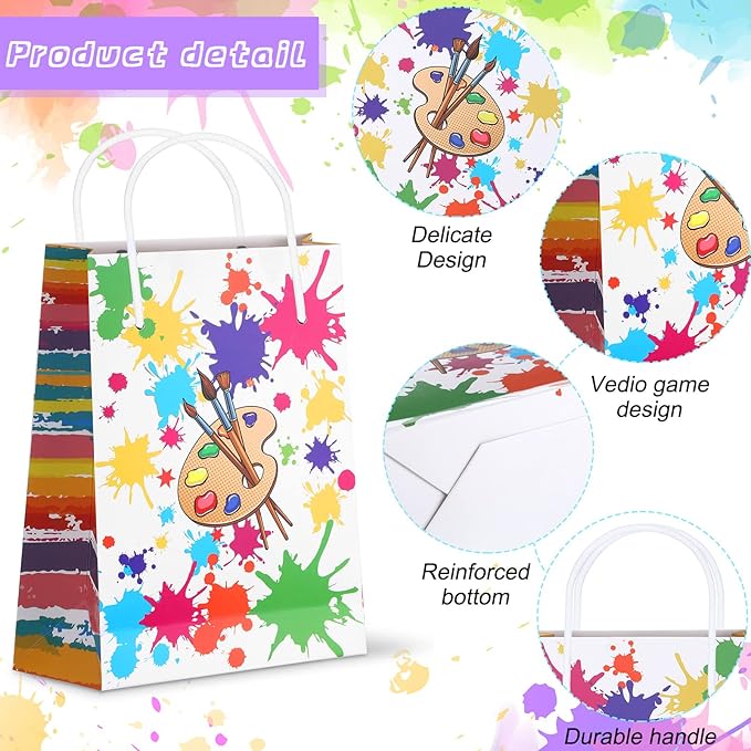 Pajean 36 Pieces Paint Splatter Party Bags with Handle Art Painting Candy Treat Goodie Gift Tote Bags Party Goodies Pouches for Birthday Baby Shower Decorations Gift Wrapping Supplies (Bright Style)